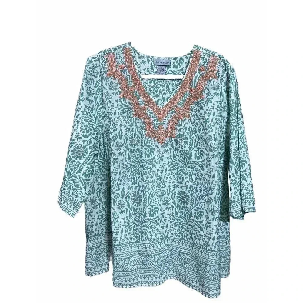 Catherine’s Size 1X Printed/Embroidery V Neck 3/4 Sleeve Tunic 100% Cotton